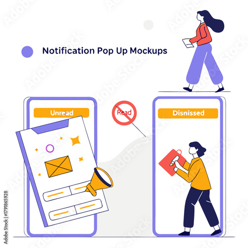 Illustration showing two mobile screens with notification pop ups and people interacting with them