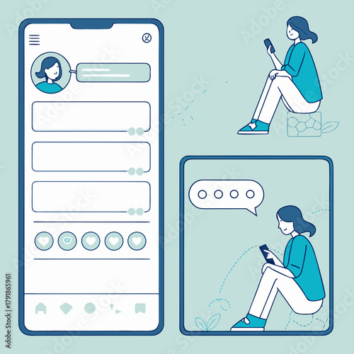 Illustration showing a mobile app interface with user profiles and messaging features depicted clearly