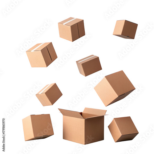 3d cardboard boxes falling isolated on transparent background