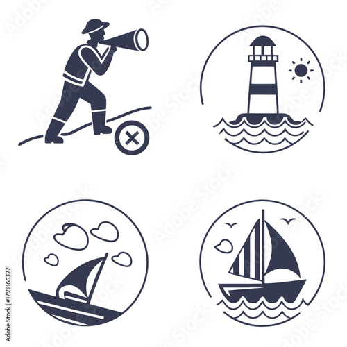 Illustration featuring a sailor with telescope, lighthouse, and sailboats in circular frames design