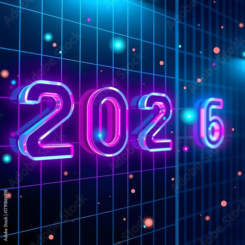 Futuristic neon glowing numbers 2026 illuminated in a digital grid with bokeh lights