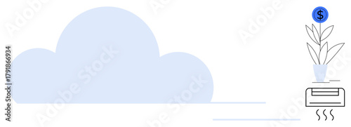 Cloud with air conditioning unit generating plant growth symbolizing finances. Ideal for environment, energy efficiency, technology, innovation, finance, sustainability, investment. Simple flat