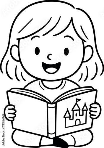 Happy young girl enthusiastically reading an illustrated storybook