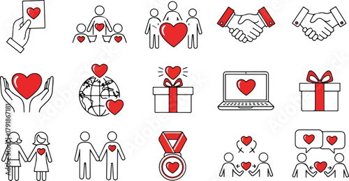 Community trust hand, social heart doodle line icon. Charity community, partnership care, people solidarity help concept icon set. Hand drawn doodle sketch style line. Vector illustration
