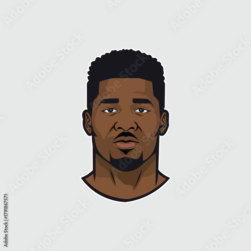 Confident young black man portrait with strong facial features and bold cartoon style