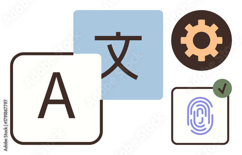 Language A icon, translation symbol, fingerprint login, cogwheel, and checkmark. Ideal for communication, translation, security settings accessibility approval modern tech. Simple flat metaphor