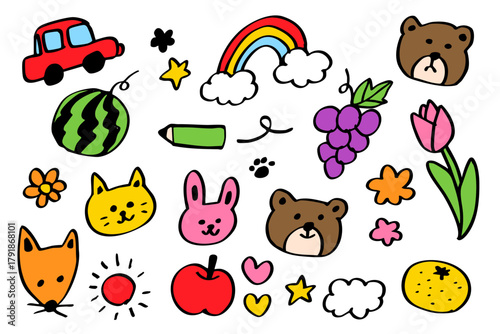 手描きカラフルドードルアイコンセット：車・動物・果物・虹・花のモチーフ集