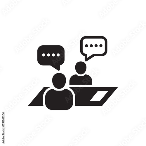 Business consulting icon in flat style. Two people with table vector illustration on white isolated background. Restaurant dialog business concept.