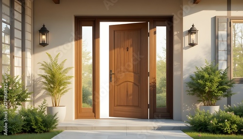 PNG conceptual doorway entrance for home with wood door ajar interior lock frame design welcome icon exterior architecture idea modern vector isolated illustration Se