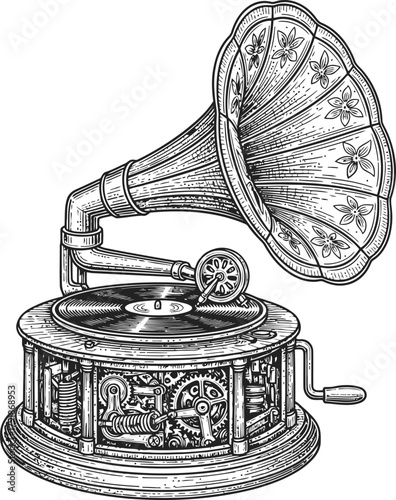Classic gramophone icon featuring a large horn and manual crank mechanism