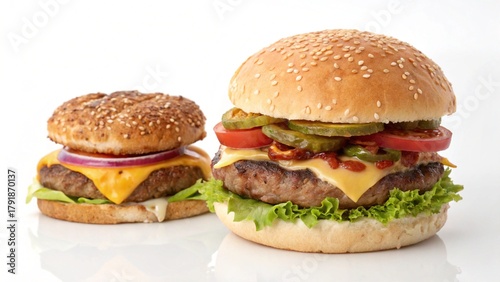 Tasty fast-food cheeseburger isolated on a plain black or white background with beef, cheese, lettuce, and tomato on a sesame bun