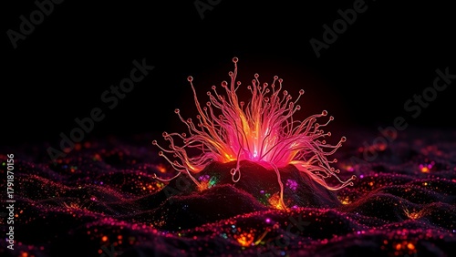 malignant. A glowing malignant growth being starved of its vibrant nutrient streams on a dark field. STEM education sheets.