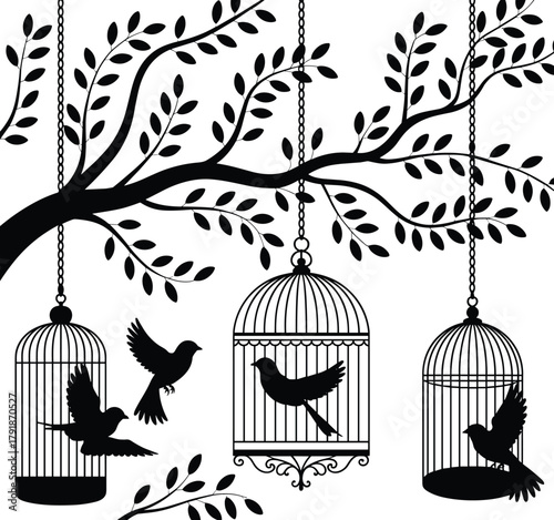 WebElegant black silhouette vector of birds in cages hanging from leafy tree branches, decorative nature design for vintage, art, and background illustration