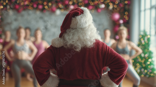 Santa Claus leads a Christmas themed fitness class filled with holiday spirit. A group of women participate in exercise with festive Christmas decor and lights. Image made using Generative AI.