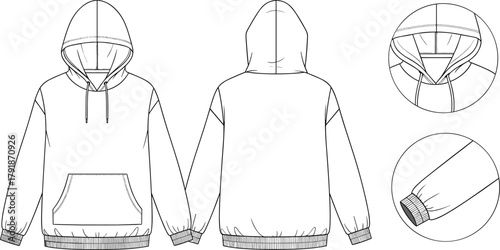 Oversized Pullover Hoodie Technical Fashion Flat Sketch, Drawstring Hood, Rib-Knit Hem and Cuffs, Kangaroo Pocket Detail, Front and Back View, Casual Unisex Apparel Vector Template.