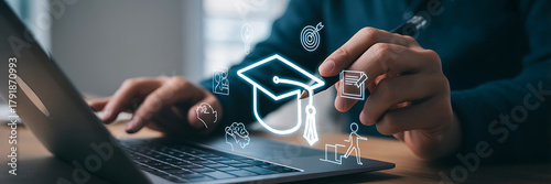 Man using laptop with education and learning icons online course, elearning, study, graduation, knowledge, certificate, and skill development concept