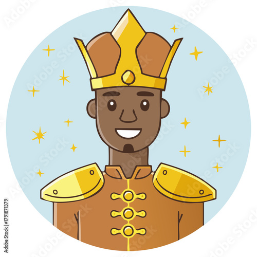 Smiling African king character illustration with golden crown and regal royal attire