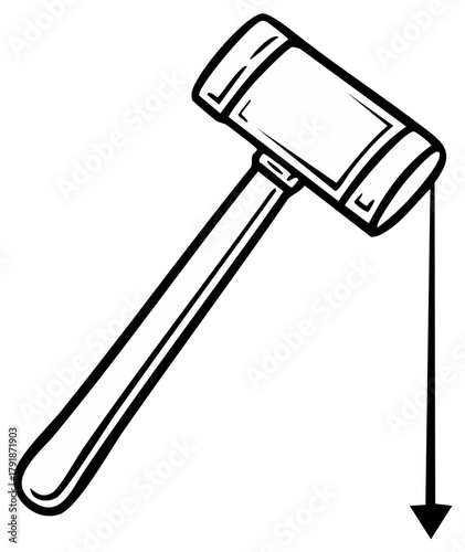 Simple black and white line art of a hammer with a plumb line and arrow symbolizing gravity and force