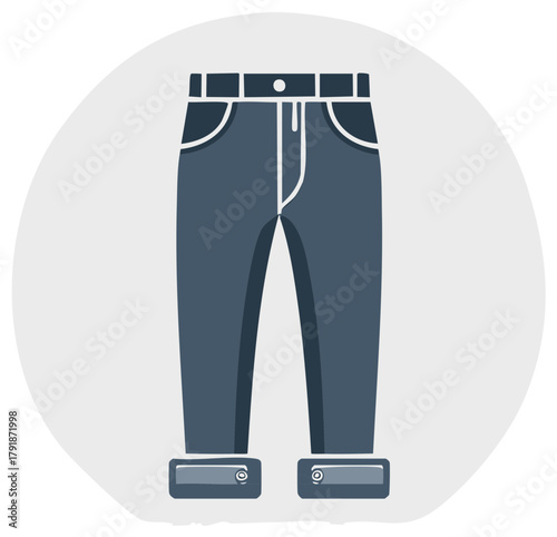 Flat graphic illustration of blue denim jeans with folded cuffs and white stitching details