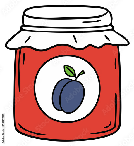 Cartoon illustration of a homemade plum jam jar with a traditional cloth cover and fruit label