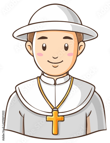 Cartoon Christian cleric with cross pendant and white hat - illustration