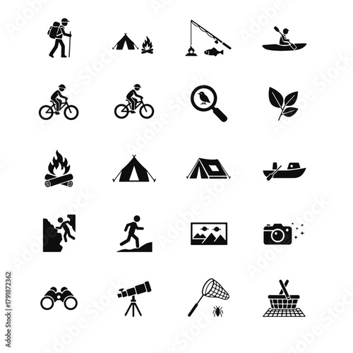 Outdoor Activity Icon Set Hiking, Camping, Fishing, and Adventure Symbols Collection of black silhouette icons representing various outdoor and nature activities such as hiking, camp