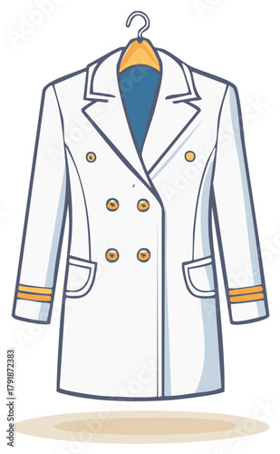 White double breasted naval officer uniform coat with gold stripes hanging on a hanger illustration