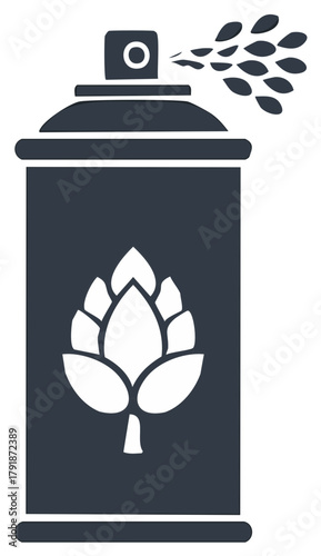 Spray can with a flower emblem spraying out a cloud of abstract shapes, vector illustration