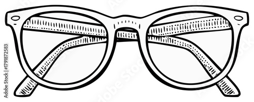 Vintage style line art illustration of classic eyeglasses with clear lenses, an etched doodle for optical vision