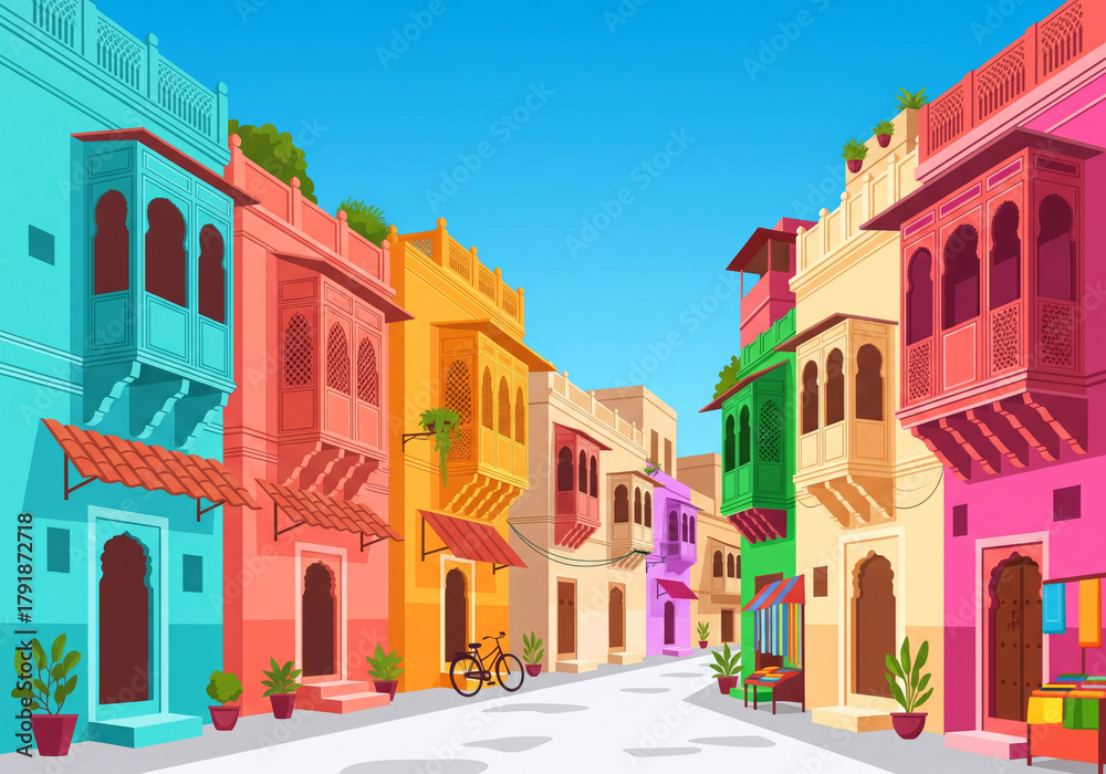 Fototapeta premium Vibrant Indian Street Scene Colorful Buildings, Balconies, Bicycle, and Blue Sky, Illustrative Architecture, Tourism and Travel in India.