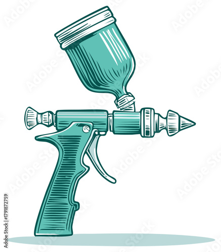Illustration of Airbrush Spray Gun for Painting with Reservoir and Trigger Handle