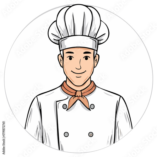 Smiling young male chef in a professional uniform and toque hat. Cartoon portrait icon for a culinary business logo.