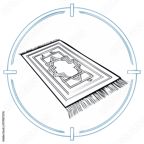 Traditional Islamic Prayer Rug Line Art Drawing with Geometric Patterns and Fringes