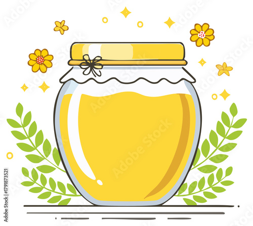 Glass jar filled with golden honey and decorated with flowers and leaves