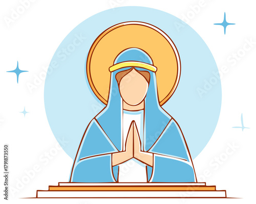 Stylized Virgin Mary Illustration: Praying Woman with Halo, Religious Symbol, and Light Blue Veil on Stairs