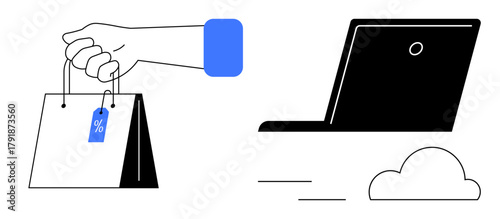 Hand holding shopping bag with discount tag and stylized laptop with cloud illustration. Ideal for online shopping, e-commerce, digital retail, customer engagement, discounts, remote business, simple