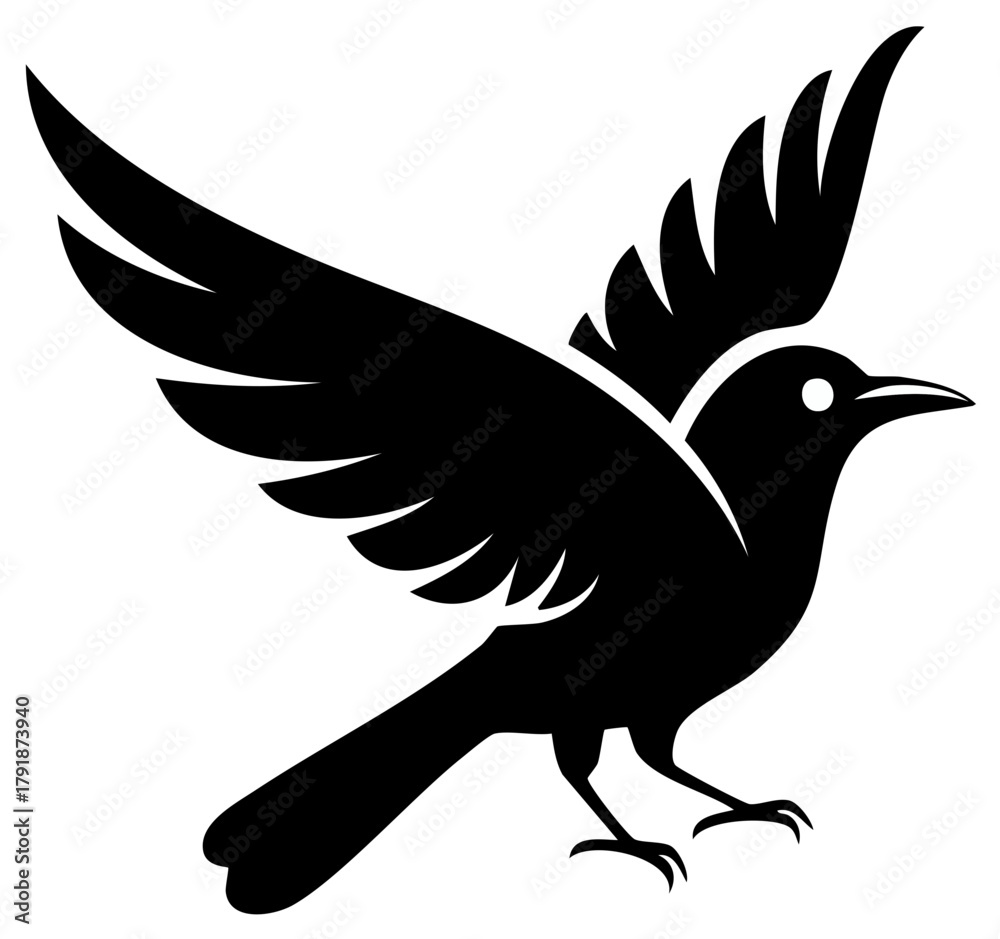Naklejka premium Stylized black bird flying with wings spread majestic bird in motion graphic design element
