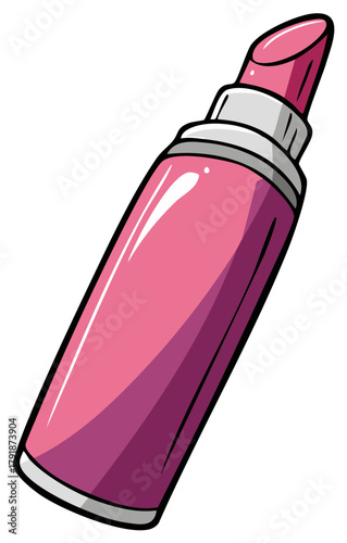 Pink lipstick tube with black outline, makeup and cosmetic product illustration.