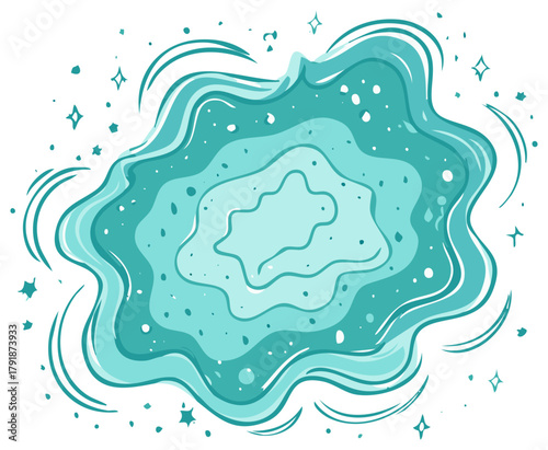 Abstract swirling teal and turquoise wave pattern with sparkling stars and dots