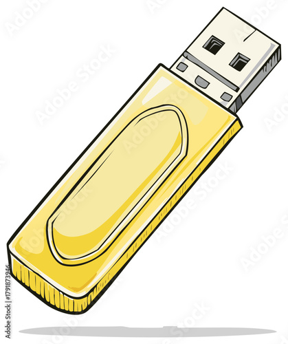 Yellow USB flash drive cartoon illustration. Isolated data storage memory stick icon.