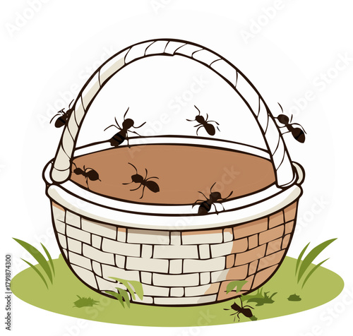 Whimsical cartoon illustration of black ants crawling in and around a picnic basket on green grass.