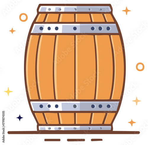 Cartoon Wooden Barrel Illustration with metal hoops and decorative elements
