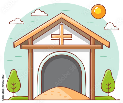 Cartoon Christian building with cross symbol and trees against sky