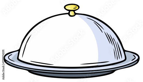 Cartoon illustration of a silver cloche covered serving dish with a golden knob on a platter