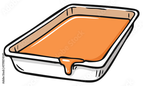 Vibrant orange liquid overflowing from a white rectangular tray cartoon illustration