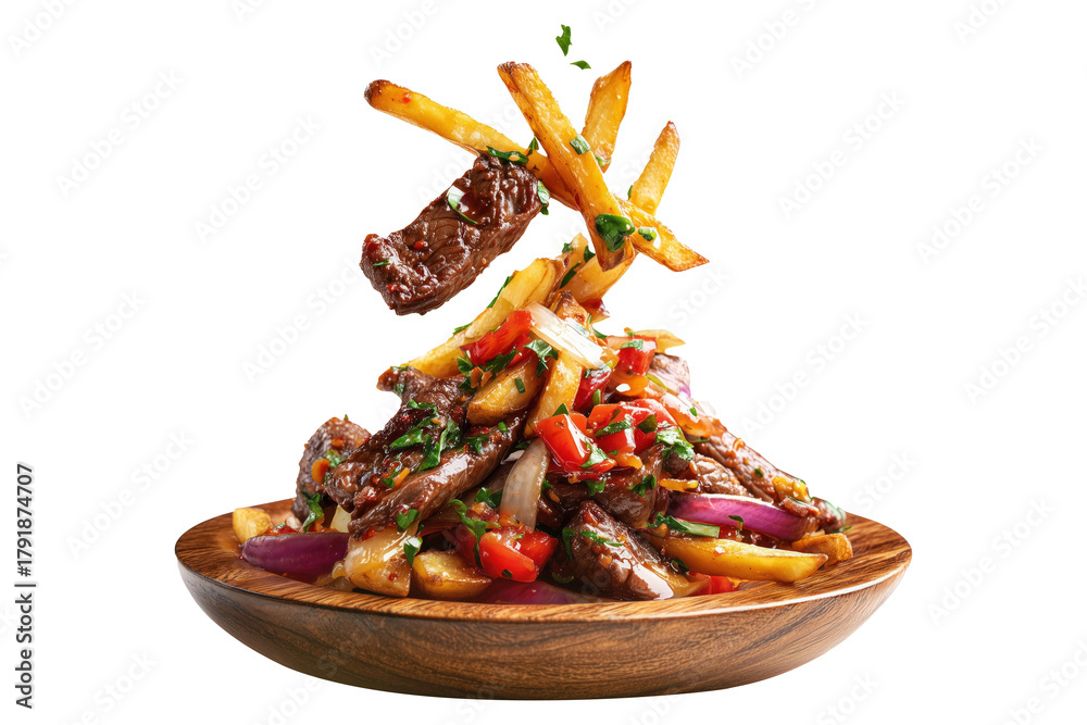Obraz premium Traditional Peruvian lomo saltado with beef, red peppers, fries, and rice on wooden plate, isolated on white transparent background, South American Cuisine concept