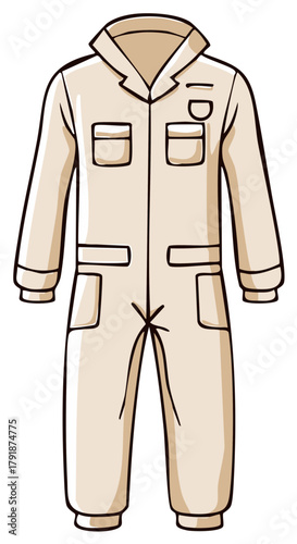Cartoon tan jumpsuit with collar, pockets, long sleeves and pant legs, utilitarian uniform illustration