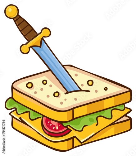 Cartoon Sandwich Skewered with Sword  Fantasy Food and Weapon Illustration