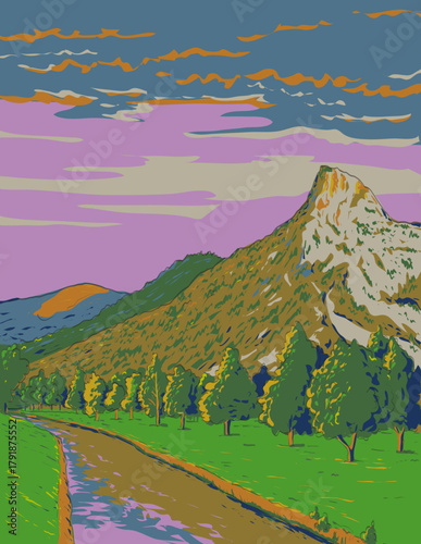 WPA style ukiyo-e or ukiyo illustration of Kofel, Matterhorn of Oberammergau in the Ammergau Alps Nature Park near Oberammergau, Bavaria, Germany done in retro works project administration style.