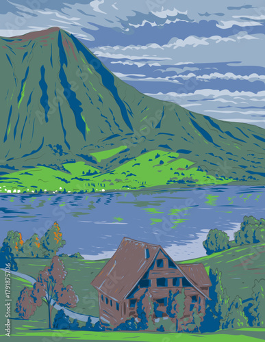 WPA style ukiyo-e or ukiyo illustration of a rural Swiss chalet in Lake Zug near Arth, Cham and Zug in Schwyz District in Switzerland done in works project administration or art deco style.